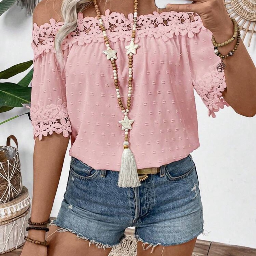 Pink Lace Off-Shoulder Top - Picture 5 of 6